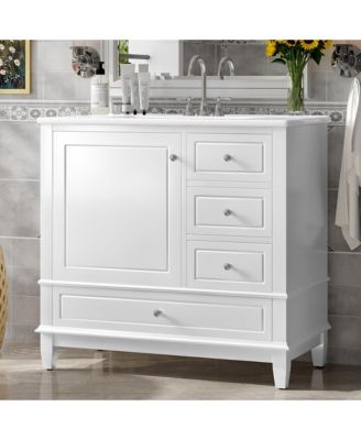 36 in. Freestanding Bathroom Vanity Cabinet with Ceramic Sink, MDF and Solid Wood Base, 3 Drawers and Shelves, 4 in. Faucet Holes