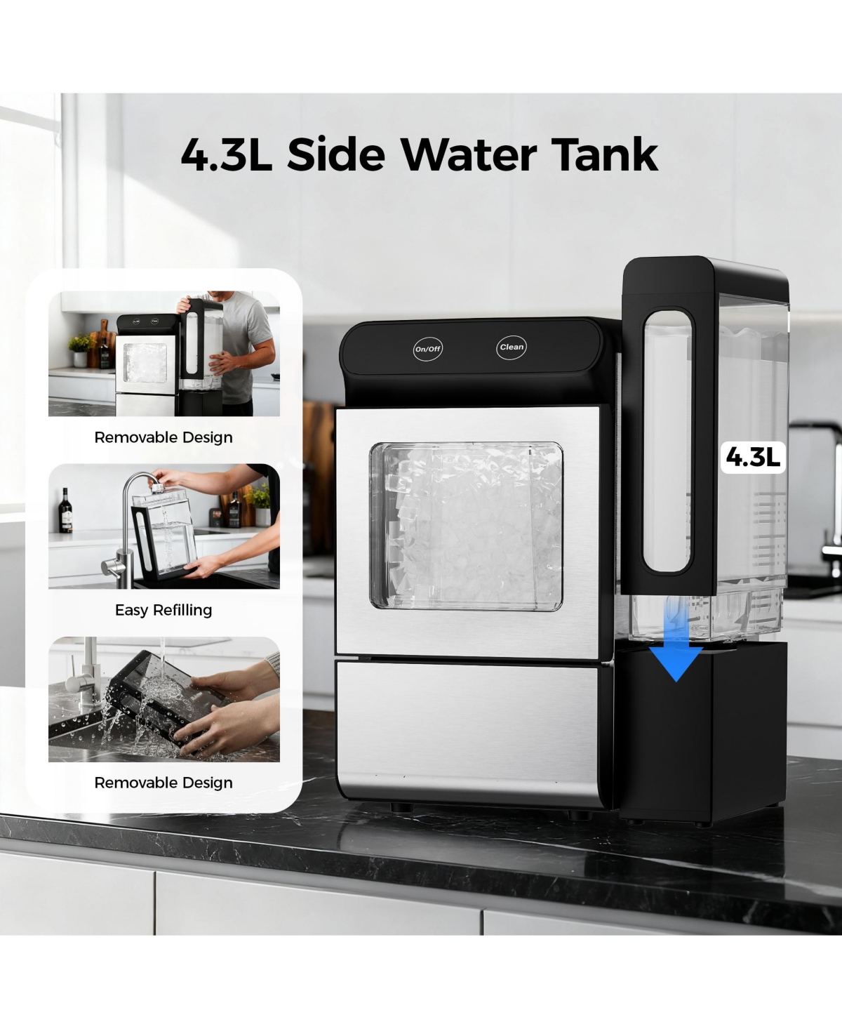 Euhomy 26.5lbs/24H Countertop Nugget ice Maker in Black Stainless Steel with Visual Door and 3.3lbs Ice Basket