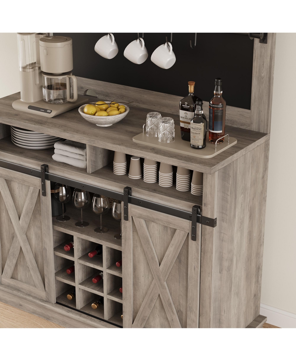 gaomon 75 Inch Farmhouse Coffee Bar Cabinet with Sliding Barn Doors, Storage Buffet Sideboard with Adjustable Shelves