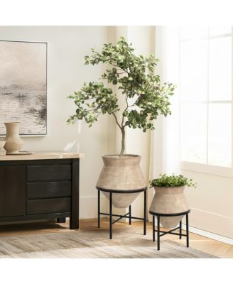 2-Piece Rustic Brick Red Cachepot Planter Cauldron Set with Black Stands