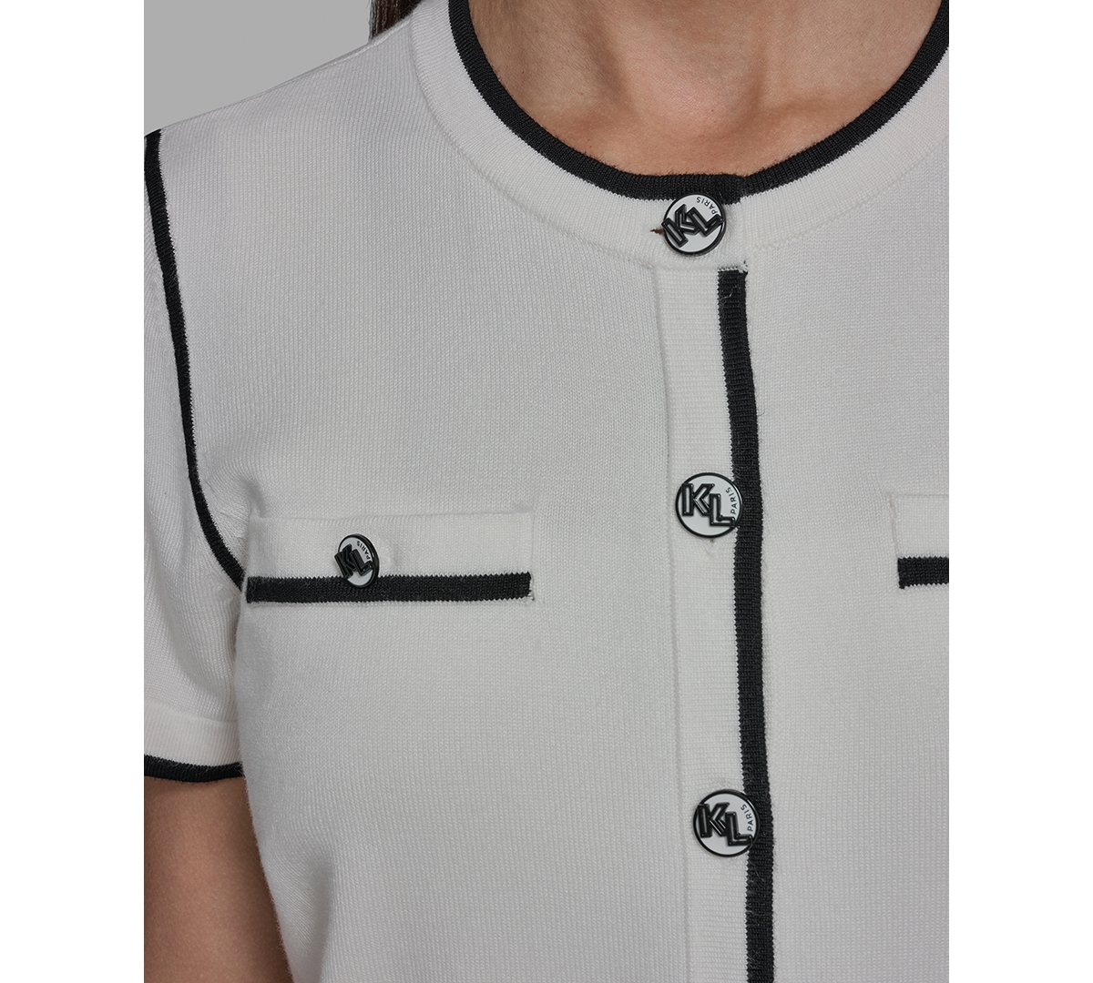 Karl Lagerfeld Paris Petite Short-Sleeve Tipped Sweater