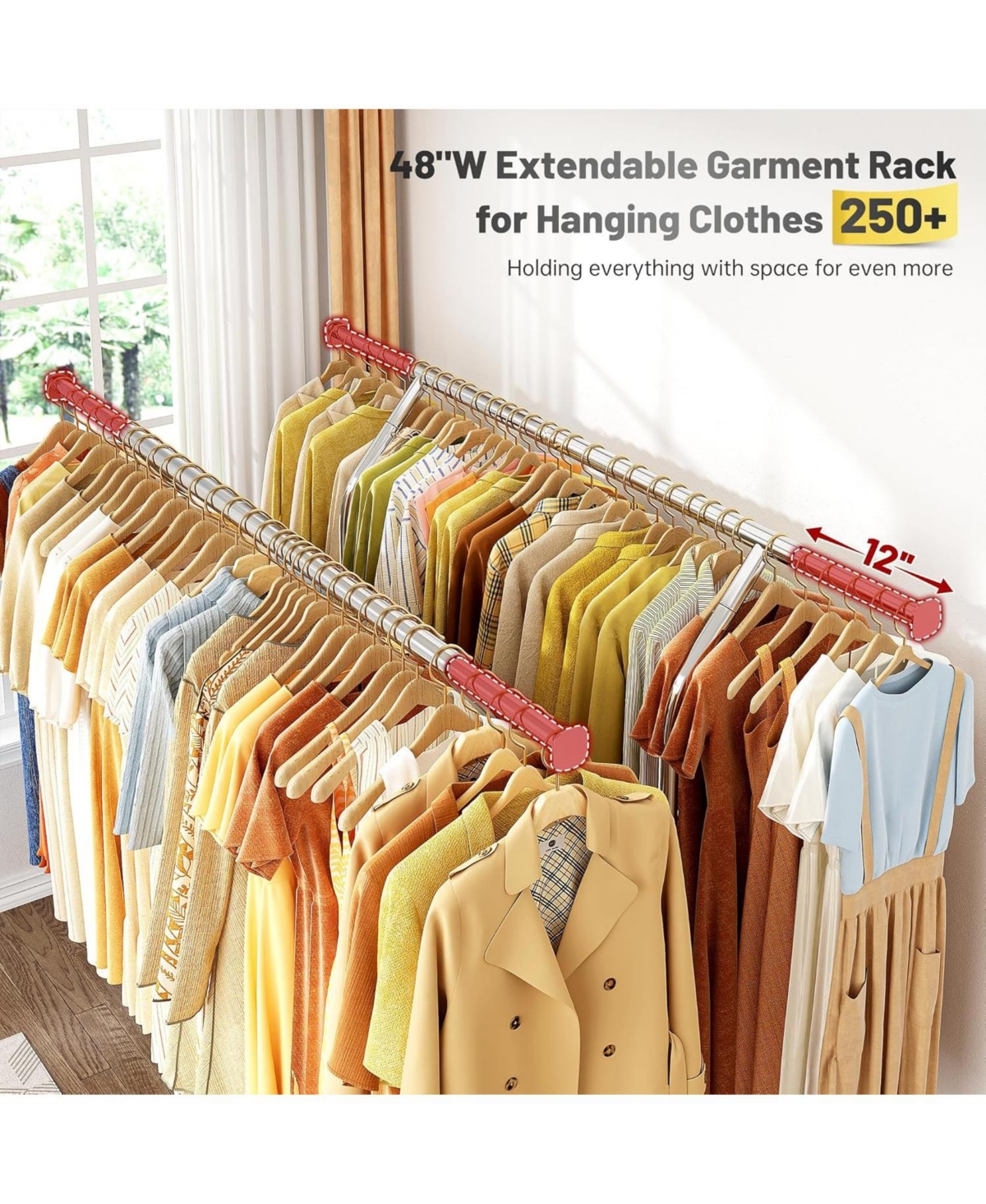 Raybee Double Rods Rolling Clothing Rack with 360° Lockable Wheels, Easy Assembly, Portable Adjustable Garment Rack with Shelves