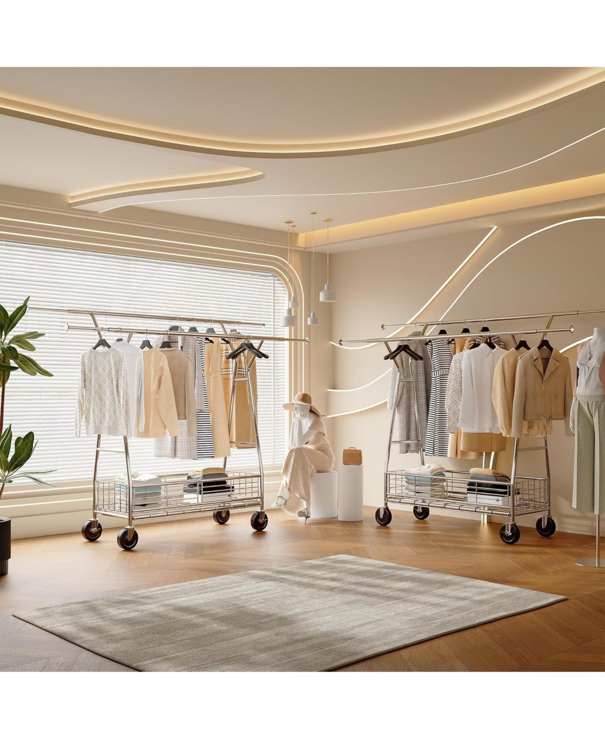 Raybee Double Rod Clothing Rack with Storage Basket, Portable Heavy-Duty Garment Rack, Adjustable for Bedroom, Closet, Commercial