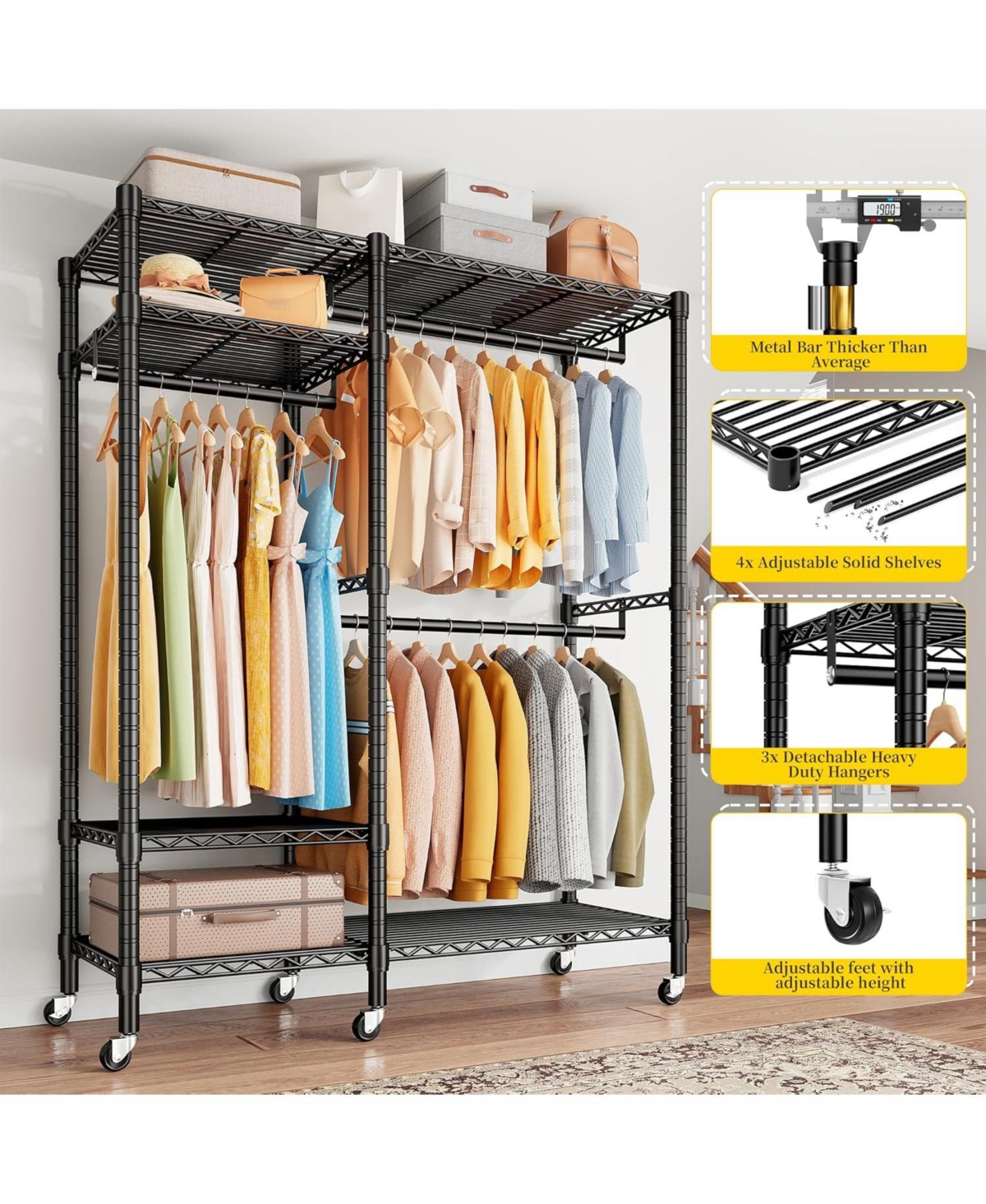 Raybee 79" H Clothes Rack Heavy Duty with Wheels, Clothing Rack for Hanging Clothes Rolling Portable Closet, 45" Wx17 Dx79 H