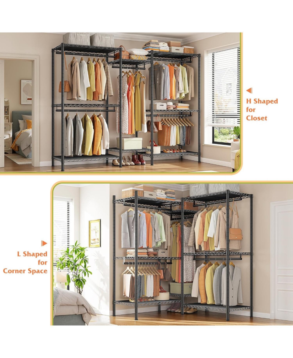 Raybee L Shaped Clothes Rack for Corner, Clothing Racks for Hanging Clothes, 900LBS Heavy Duty Clothes Rack Garment Rack 74.5" W X 18" D X 7