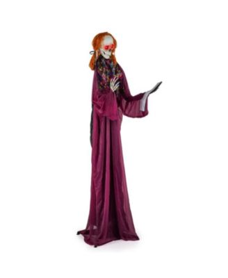 6 ft Halloween Animatronic Standing Girl Holding Book with Sound-Activated Light-up Eyes and Moving Arms & Head