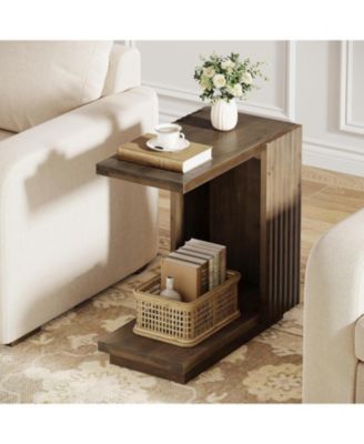Solid Wood Side Table, C Shaped Sofa End Table, Space-Saving Small Nightstand