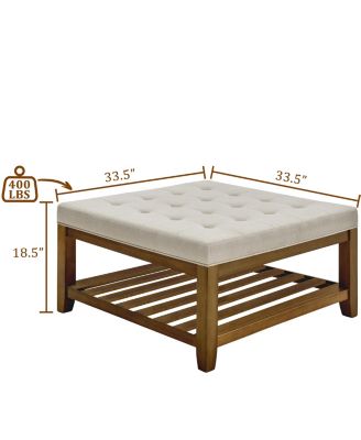 Ivory Upholstered Square Ottoman Coffee Table with Tufted Linen and Beech Wood Shelf