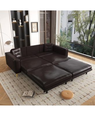 92" Faux Leather King Size Convertible Pull-Out Sleeper Sofa Bed with Wide Armrests & Pillows, 4-Seater