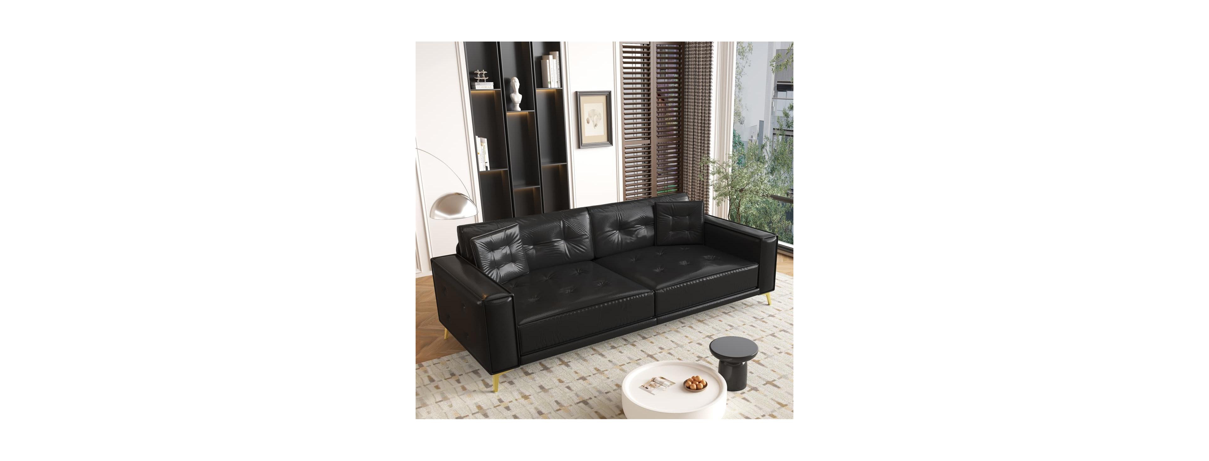 Maison Boucle 92" Faux Leather King Convertible Pull-Out Sleeper Sofa Bed with Wide Armrests & Pillows, 4-Seater