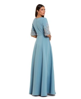 Women's 3/4 Sleeve Crepe Gown With Sleeve Embellishments