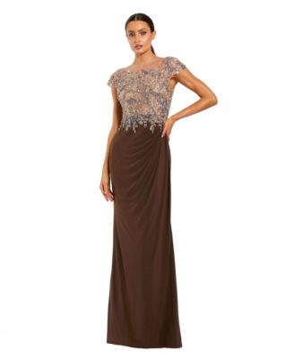 Women's Crystal-Embellished Jersey Evening Gown with Sheer Bodice