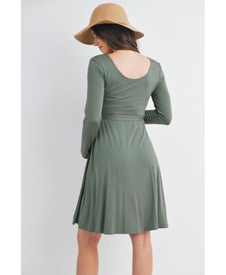 Maternity Scoop Neck Long Sleeve Tie Waist Dress