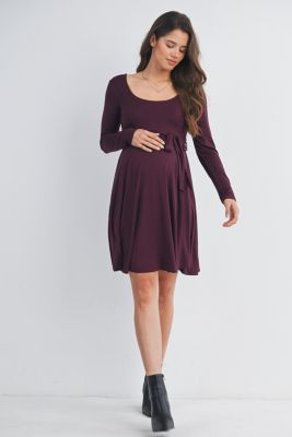 Maternity Scoop Neck Long Sleeve Tie Waist Dress