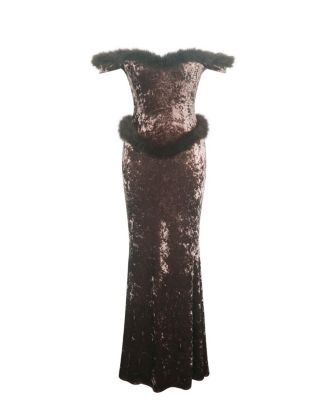 Women's Tessa Coffee Sweetheart Bardot Faux Fur Velvet Mermaid Maxi Dress