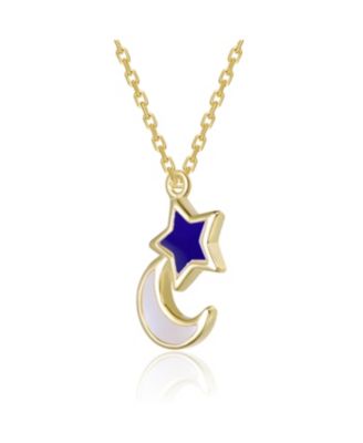 Exquisite 14K Gold Plated White Mother of Pearl Moon & Enamel Star Pendant Necklace