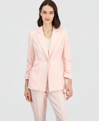 Women's Faux-Pearl-Trim Ruched-Sleeve Blazer & Straight-Leg Ankle Pants