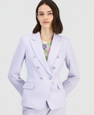 Women's Twill Peak-Lapel Faux-Double Breasted Blazer, Scoop-Neck Sweater & Flat-Front Straight-Leg Pants