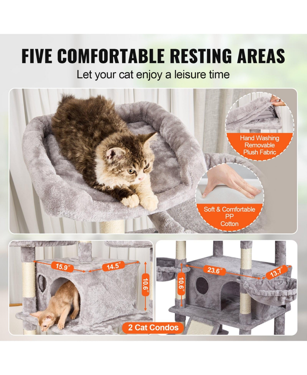 Cozito 68.5" Multi-Level Cat Tree with Ramp & 2 Condos, Light Gray
