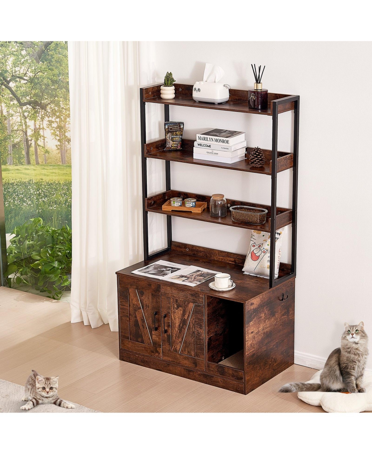 Cozito Wooden Cat Litter Box Enclosure with 3 Shelves