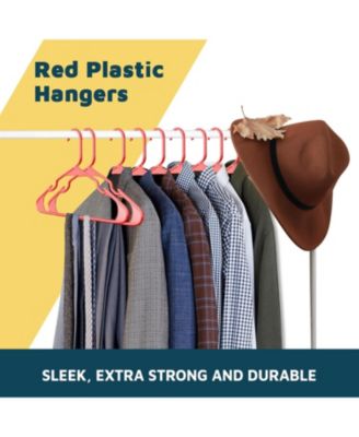 heavy-duty red hangers with non-slip grooves, space-saving design, holds 5 lbs. Pack of 5 for clothes & coats.