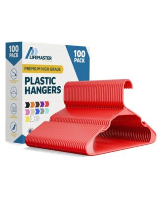 Heavy-duty red plastic hangers with non-slip shoulder grooves space-saving design .Pack of 100 for organizing clothes and coats
