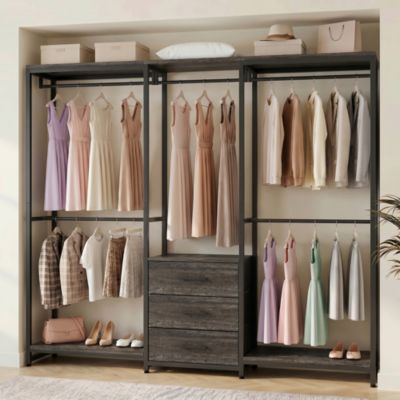 Heavy Duty Closet Rack with 5 Hanging Rods & 3 Fabric Drawers, Reversible Garment Rack with Shelves for Closet/Bedroom