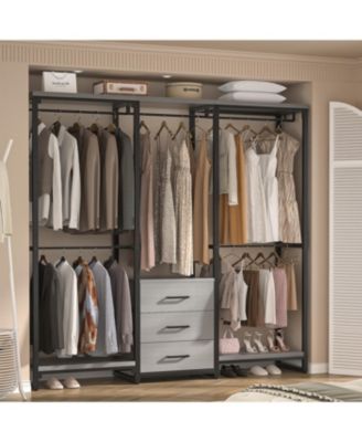 Heavy Duty Closet Rack with 5 Hanging Rods & 3 Fabric Drawers, Reversible Garment Rack with Shelves for Closet/Bedroom