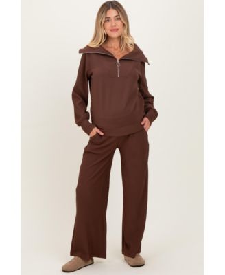 Maternity Brown Ribbed Half Zip Pullover Wide Leg Pant Set