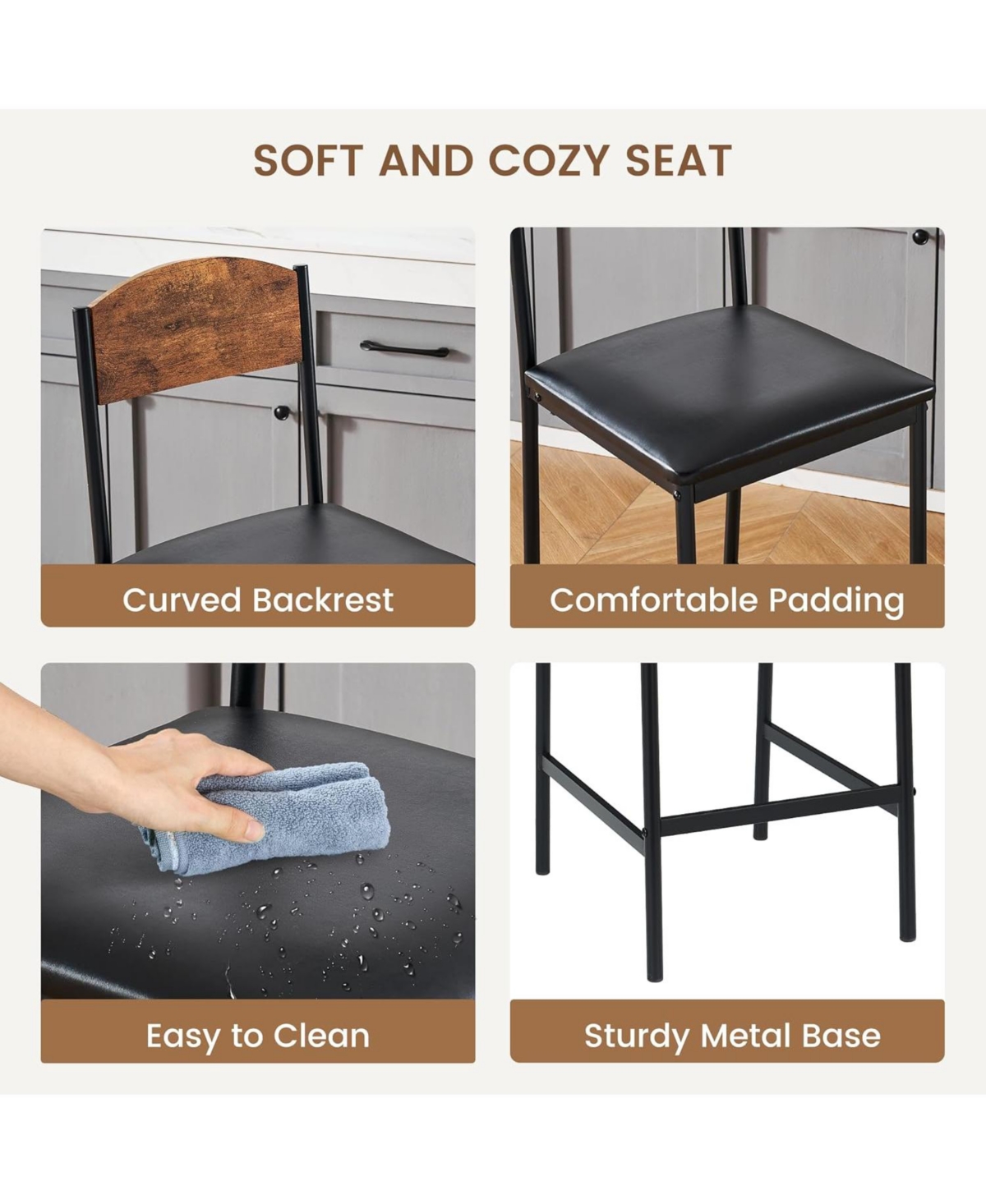 gaomon 25.2 Inch Modern Counter Height Barstools with Back and Footrest Set of 4 Pu Upholstered Barstools