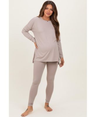 Maternity Light Mocha Brushed Knit Oversized Top and Legging Set