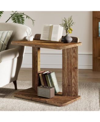 Solid Wood C-Shaped End Table, Farmhouse Wooden Side Table with Book Groove & Holder, 2-Tier Bedside Nightstand