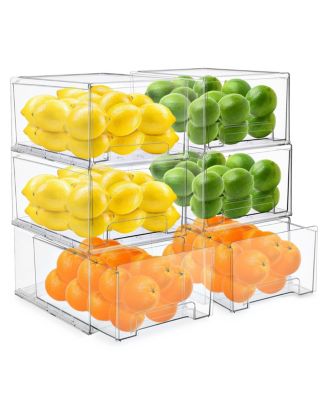 6 Piece Large Clear Stackable Pull Out Refrigerator Bins - Food Storage Containers for Kitchen, Refrigerator, Freezer & More