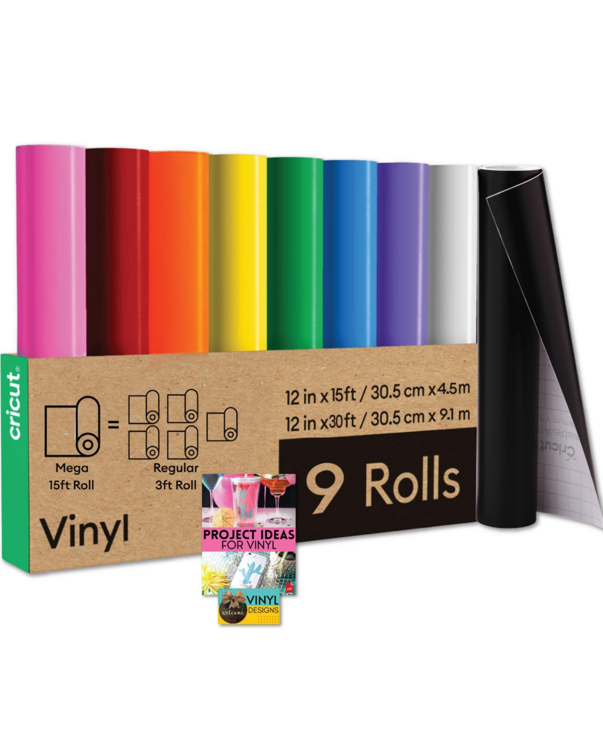 Cricut Premium Vinyl Rolls Bundle - Rainbow 15 Foot Adhesive Vinyl Rolls, 9 Count