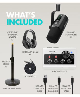 Podcast Equipment Bundle for iPhone & Android with Audio Interface, 2 Dynamic Mics, 2 Headphones, and Table Stands