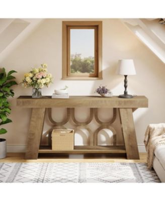 Narrow Farmhouse Console Table with 2-Tier Storage, 63" Long Sofa Entryway Table, Light Brown