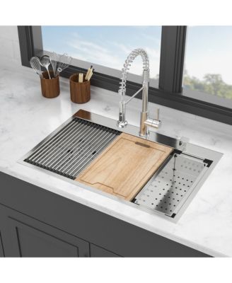 33x22x9inch 16 Gauge T304 Stainless Steel Drop In Topmount Single Bowl Ledge Workstation Kitchen Sink with Full Accessories