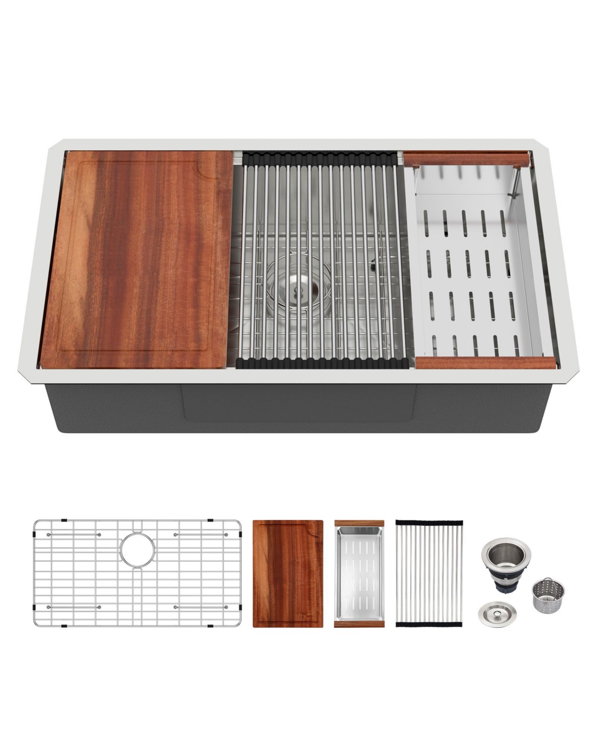 flynama 30x19x9inch 16 Gauge 304 Stainless Steel Undermount Single Bowl Ledge Workstation Kitchen Sink with Full Accessories