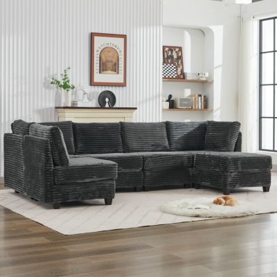 Corduroy Sectional Sofa with Ottoman & Storage
