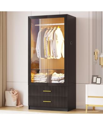 70.8" Modern Wardrobe Armoire with LED Glass Doors, Motion Sensor, 2 Drawers & Hanging Rod