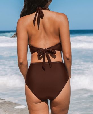 Women's Halter V-Neck Tie Back Mesh Panel Bikini Set