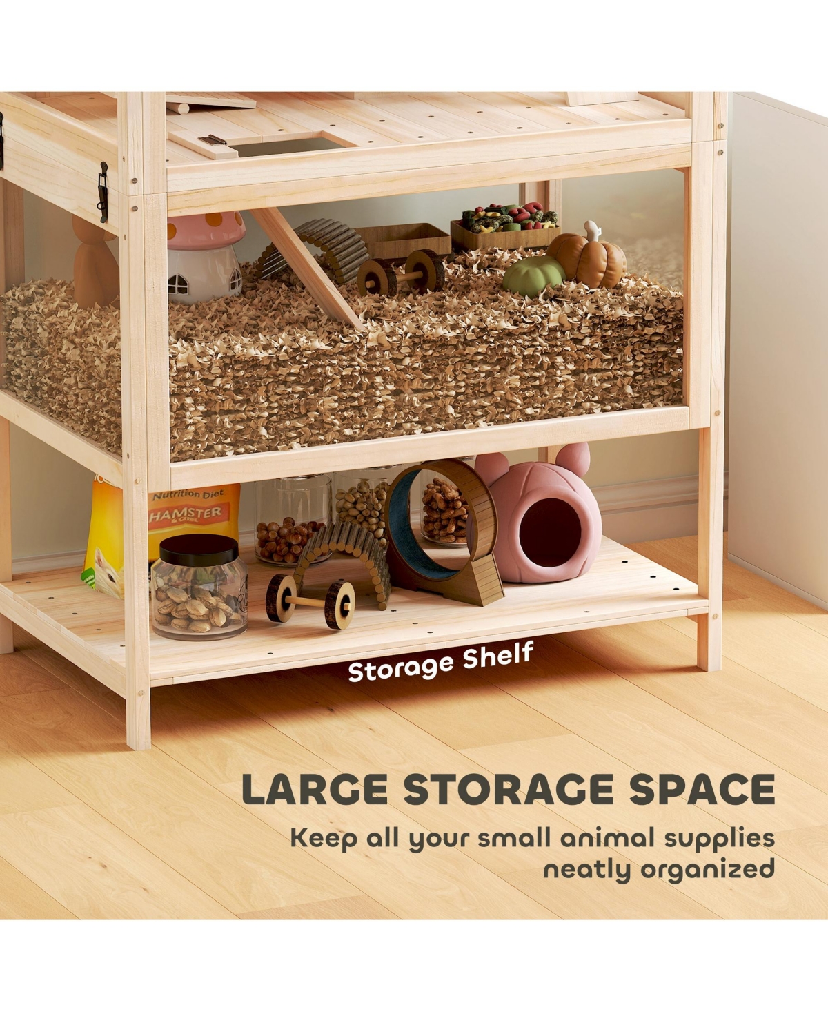 PawHut Wooden 3 Tier Hamster Cage with Storage Shelf for Dwarf, Gerbil