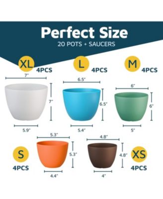 Multicolor Plant Pots 20 Pack with Drainage Holes & Saucers, Stackable Indoor & Outdoor Planters for Houseplants & Flowers, Durable & Weatherproof.