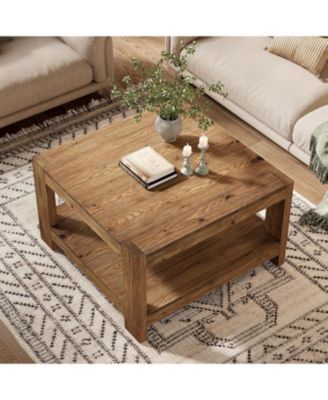 31.5" Square Solid Wood Coffee Table, 2-Tier Farmhouse Center Table for Living Room & Office, Rustic Brown