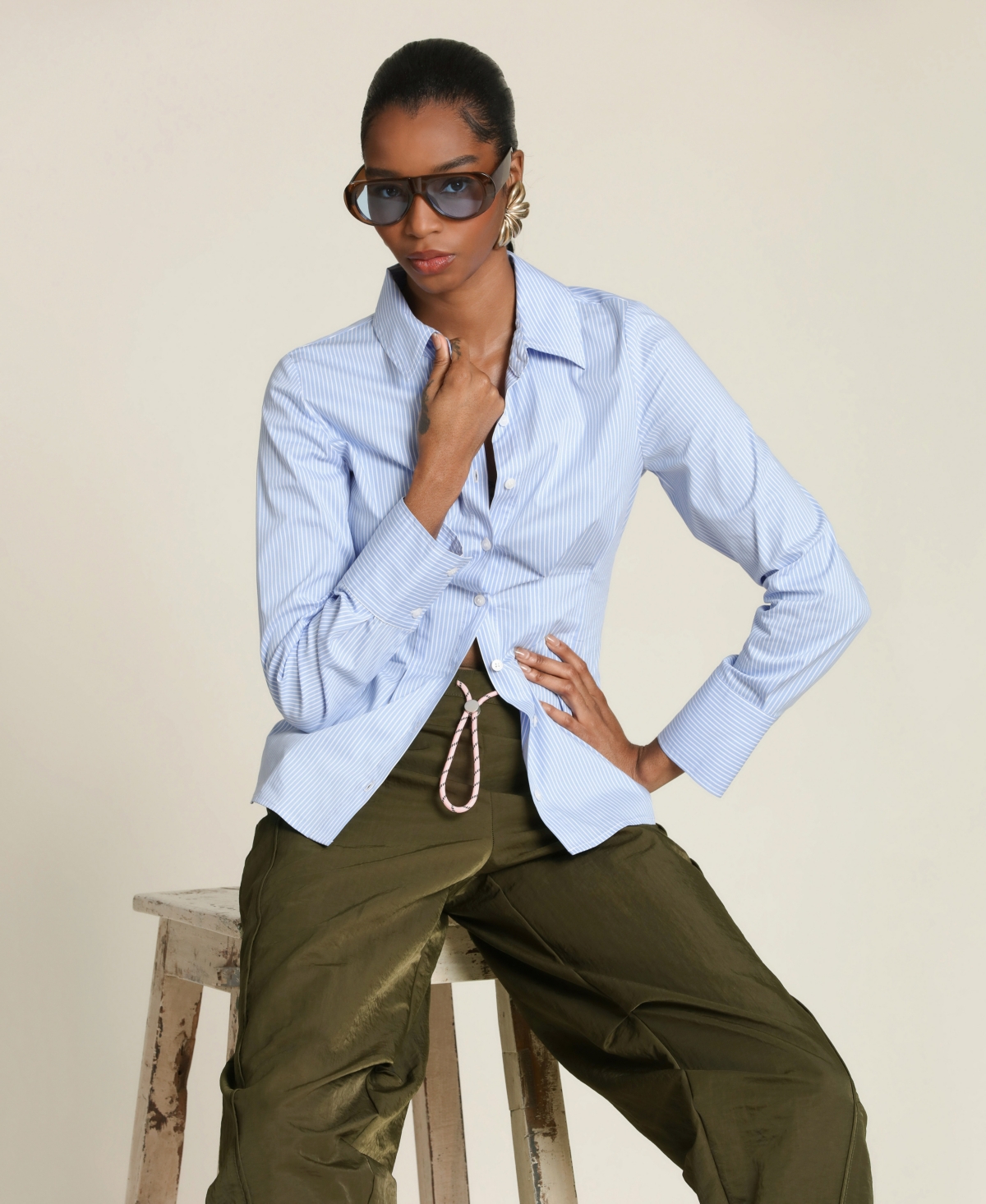 Avec Les Filles Women's Corset Stripe Spread Collar Shirt