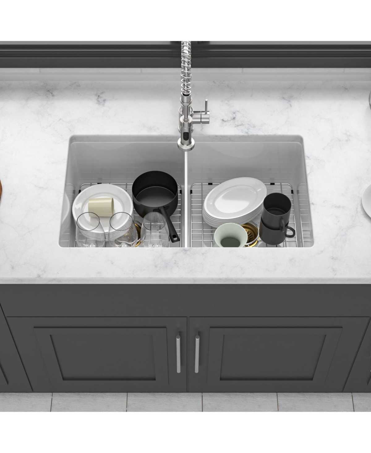 Flynama White Fireclay Farmhouse Kitchen Sink, Double Bowl, Undermount/Dual Mount, 32" x 19" x 10"