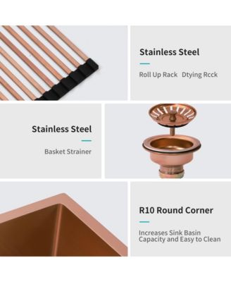 36" Rose Gold Farmhouse Apron Front Kitchen Sink, 16-Gauge T304 Stainless Steel with Dish Grid, Drain Assembly & Drying Rack