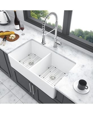 White Ceramic Porcelain Farmhouse Kitchen Sink, Double Bowl, Apron Front, 32" x 20" x 9"