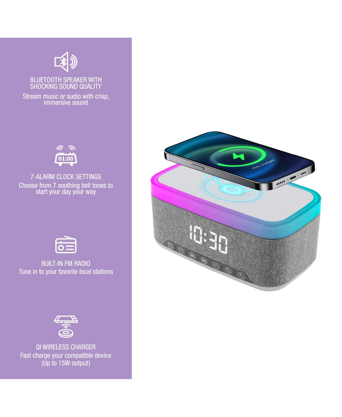 Pursonic 2-in-1 Wireless Charging Alarm Clock and Hi-Res Portable Speaker