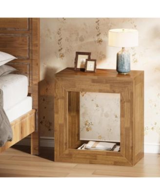 Rustic End Table, 2-Tier Wooden Side Table with Sturdy Base, Farmhouse Narrow Nightstand with Storage Shelf